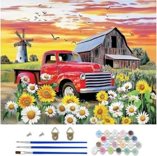 Farmhouse Paint by Numbers Kit for Adults, Truck Paint by Number Kits on Canvas