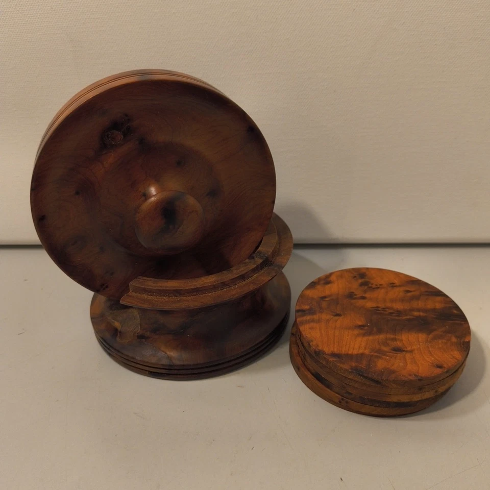 Rare Vintage Thuya Wooden Cup Drink Coasters Set Mug Coffee Tea Service - Image 4 of 4