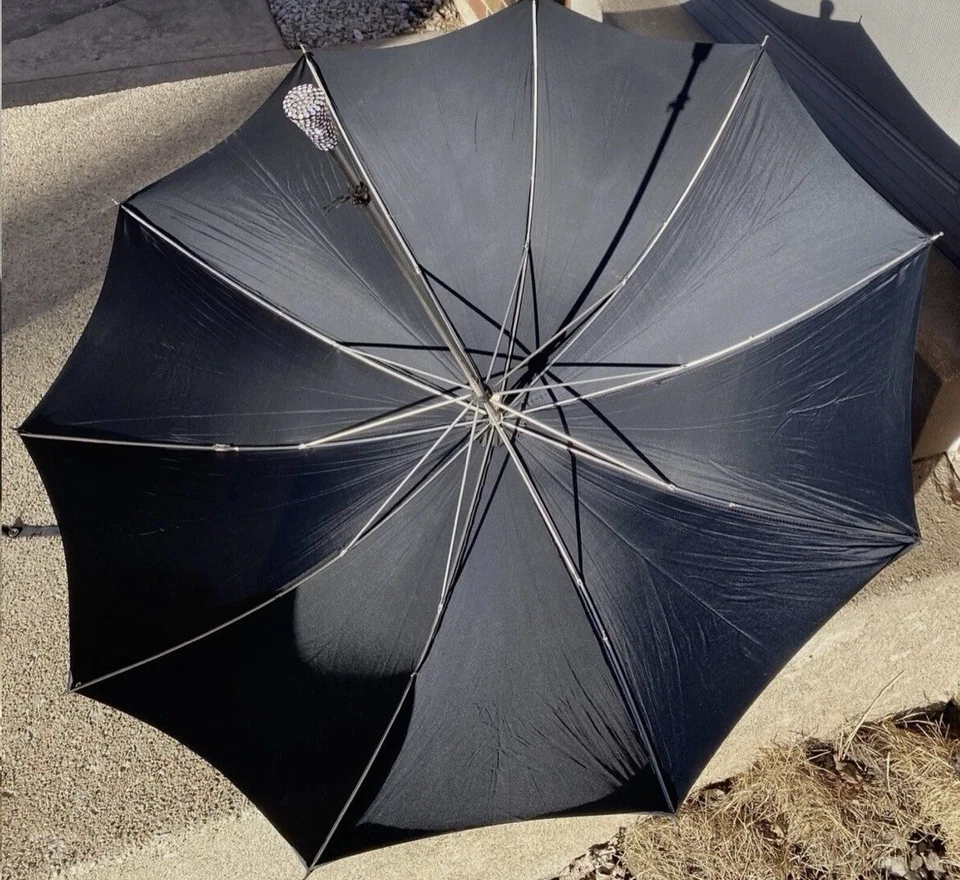 Vintage Art Deco Black Umbrella with Rhinestone Handle - Singing In The Rain - Image 2 of 4