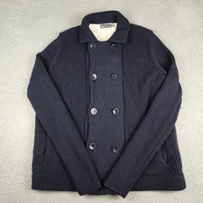 Vince Pea Coat Mens Large Blue Wool Double Breasted Heavy Sherpa Lined