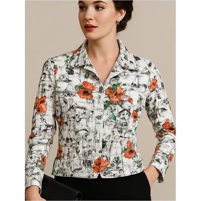 Susan Graver Style Toile Floral City Sketch Jacket Crystal Button White Orange M