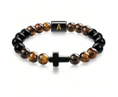 Men Boys Personalized A Letter Cross Bracelet Handmade Christian Faith Jewelry