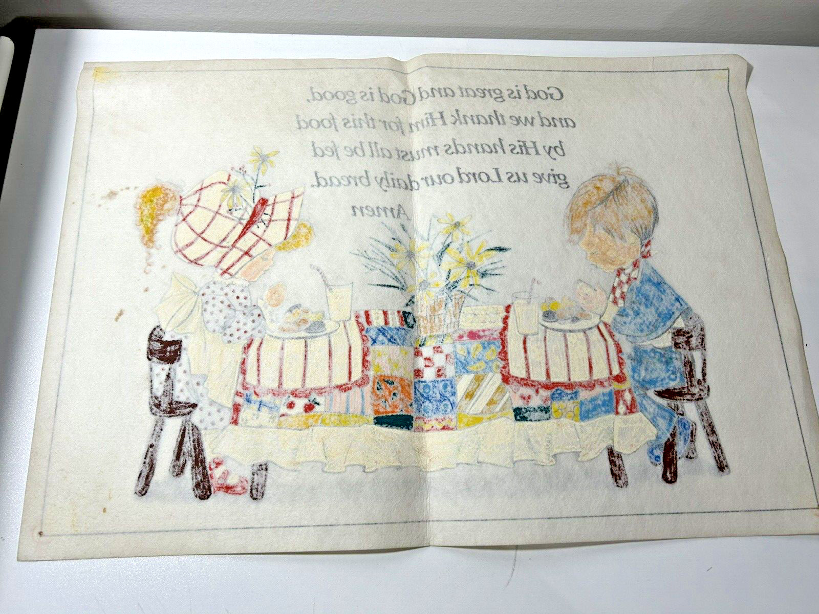 Vtg Tri-Chem Liquid Embroidery God is Great God is Good Little Boy Girl Praying