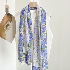 Flower Print 100 Mulberry Silk Crepe Shawl Neckerchief Oblong Scarf Blue/Purple