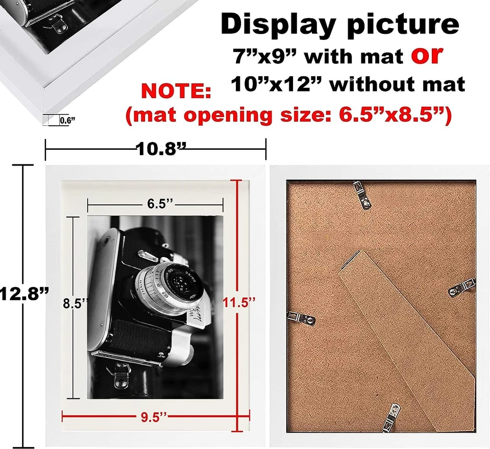 2Pack White 10x12 Picture Frames Display Pictures 7x9 With Mat Or 10x12 Without - Image 2 of 4
