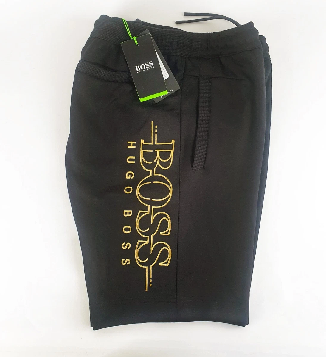 HUGO BOSS HEADLO LOGO JOGGING SHORTS IN BLACK GOLD SIZE LARGE L