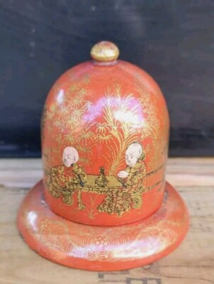 Vintage Red Painted Wood Laquer Trinket Box With Chinese Elders At Table Chips