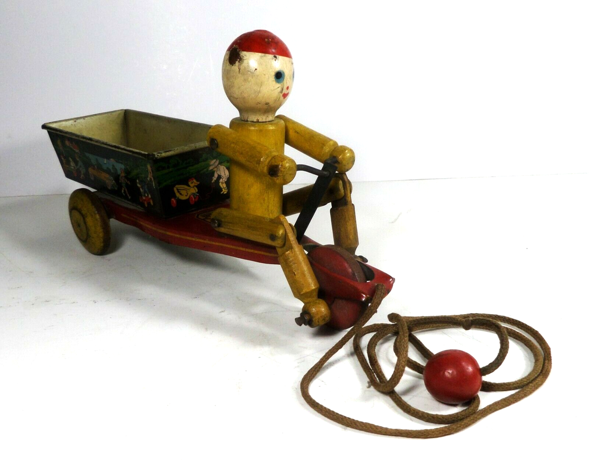 HUSTLER TOYS　プルトイ　アメリカンヴィンテージ　アンティーク RARE Vintage Pete Hustler Toy Corp Tin Litho Wooden Pull Toy | eBay