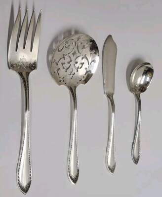 Oneida Community 1910 Silverplate Monogram Sheraton Serving Fork Spoons, M Knife