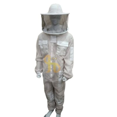 3 Layers Full Ventilated Beekeeping Sting Protective Suit  Round Hat, White, Med