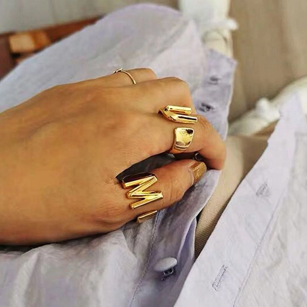 Initials Name Hollow Letter Finger Rings Alphabet A Z Opening Ring