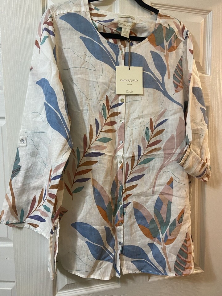 Cynthia Rowley Blouse Top Women White Colorful Leaf Linen Tunic 2X NWT