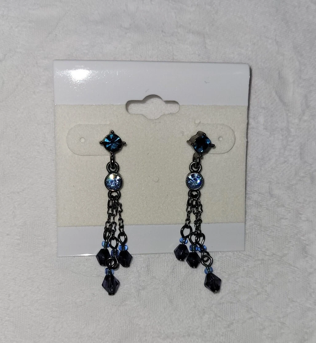 Beautiful 1929 Brand Blue Rhinestones Gun metal Dangle Earrings