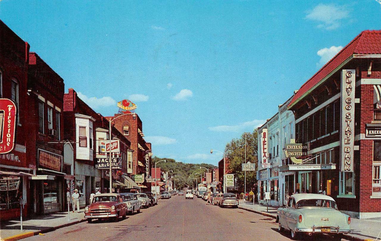 Broadway EXCELSIOR SPRINGS, MO Street Scene Firestone Sign 1963 Vintage