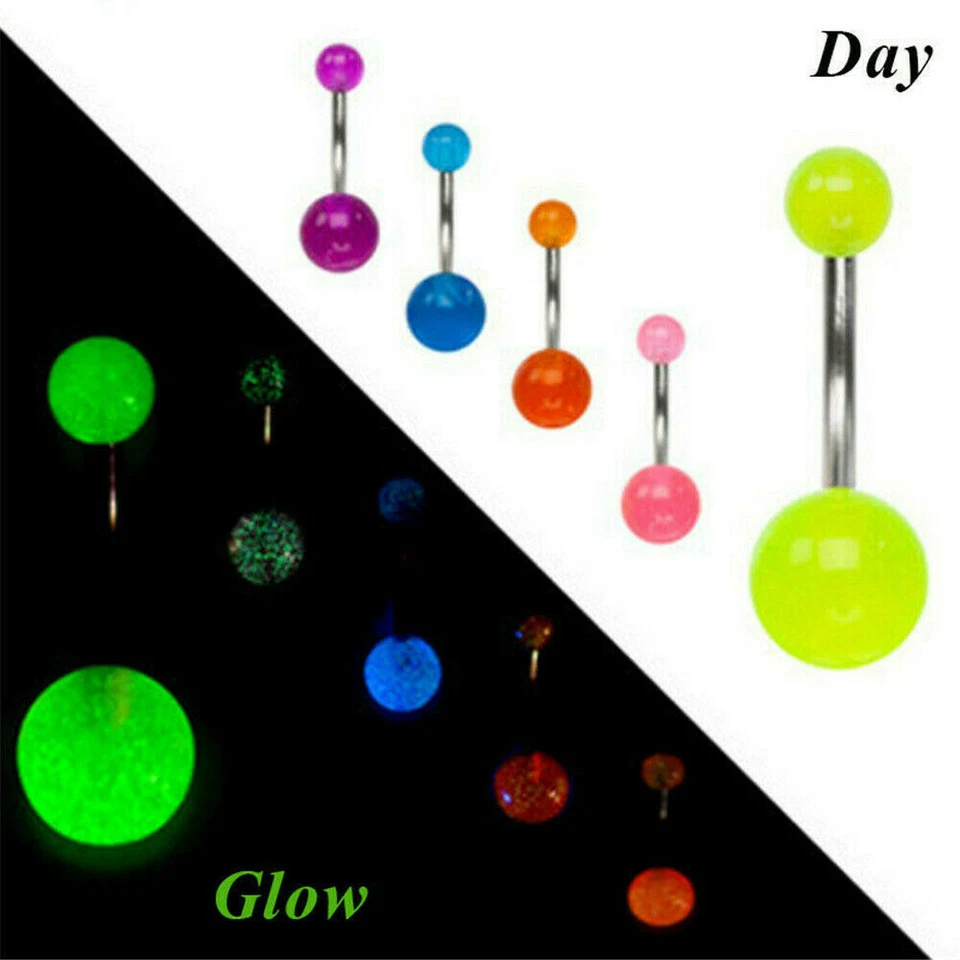 10Pcs Glow In Dark and Glitter Ball Tongue Rings Nipple Barbells Jewellery US - Image 3 of 4