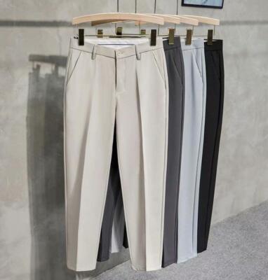 Men Cropped Solid England Style Formal Business Pockets Trousers Casual Pants