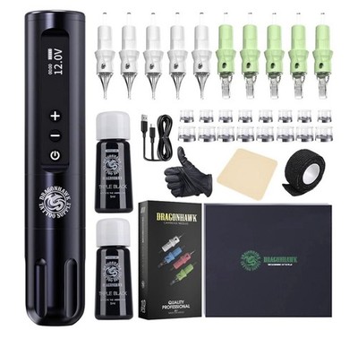Dragonhawk Wireless Tattoo Kit Rotary Motor Pen Machine Cartridge Needle Ink Set