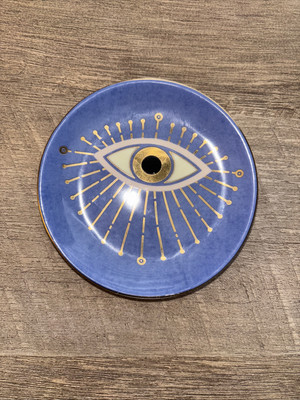 ECCOLO~Blue Evil Eye Trinket Dish Bowl Gold Rim  4 Inches
