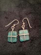Blue Beach Sea glass handmade Sterling Silver hand wrapped Square Earrings