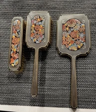 Rare Enamel Mappin Webb London Hallmark Sterling Silver Vanity Brush Mirror Set