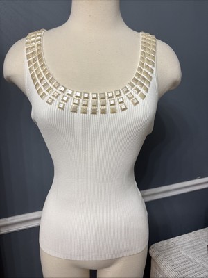 Vintage Cache Y2K Ribbed Embellished Tank Top Ivory/Cream Romantic Sexy M