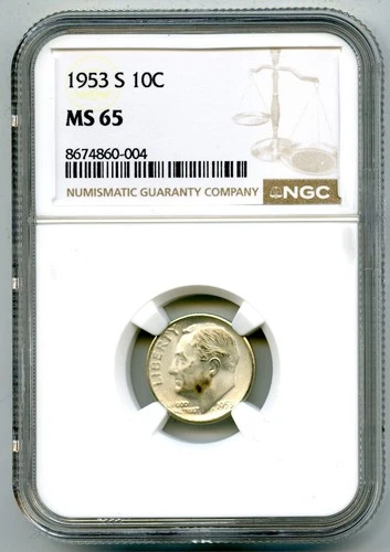 1953 S 10C ROOSEVELT SILVER UNCIRCULATED DIME - NGC MS65 COIN - FROSTY