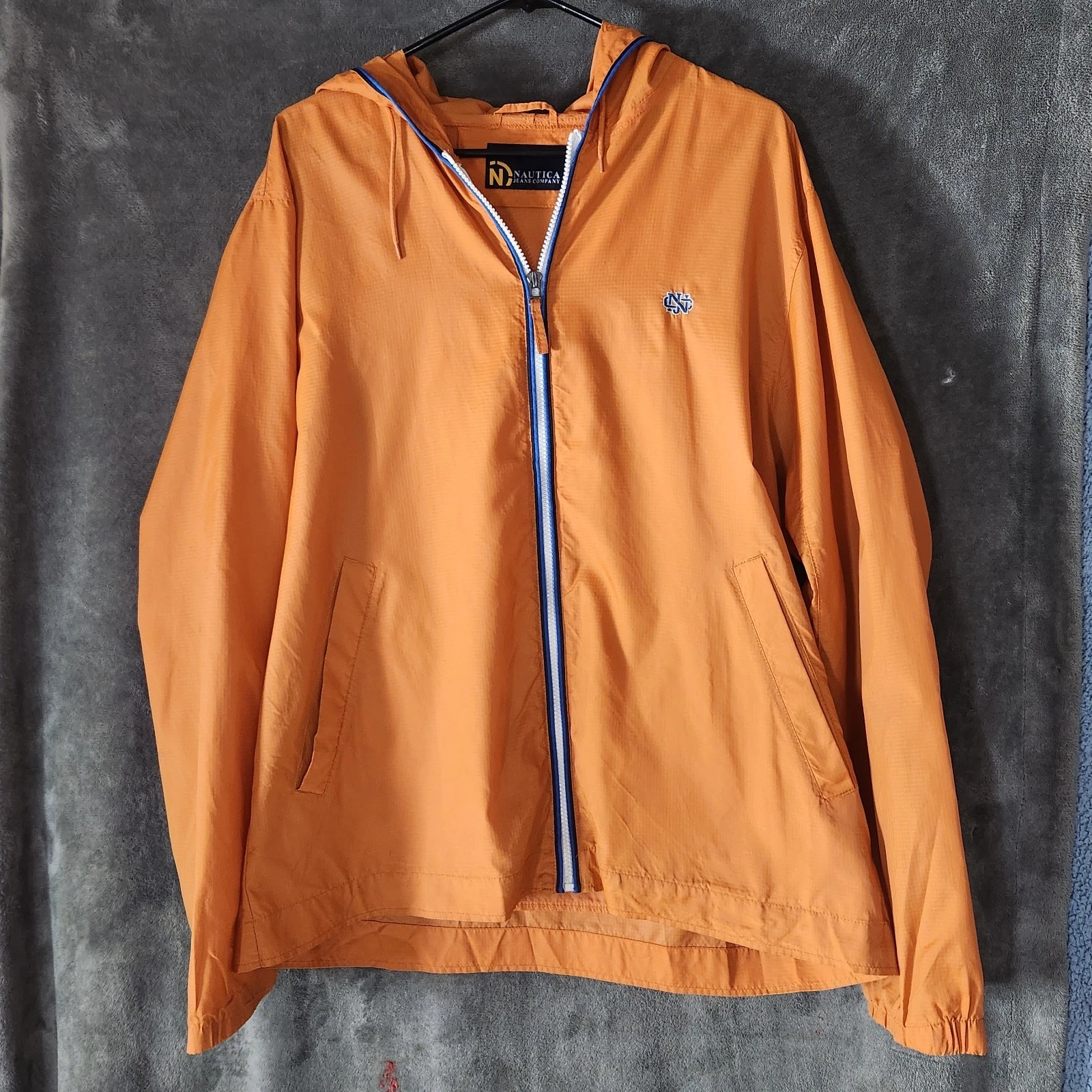 Nautica Jeans Co Mens XL Orange Hooded Windbreaker Jacket Lightweight Nylon
