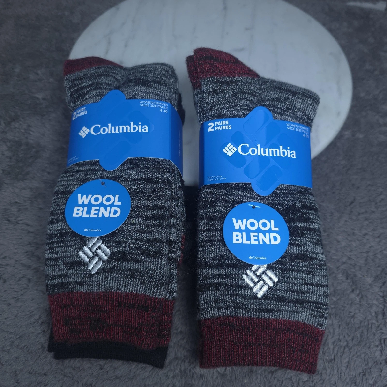 Columbia Socks Womens One Size Black Gray Wool Blend Crew Mid Calf 2 Pair Pack