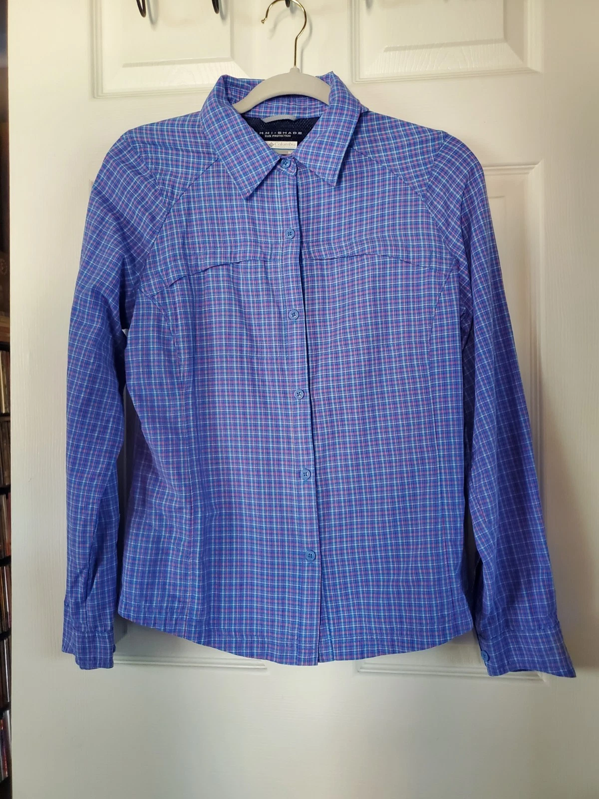 Columbia Omni-shade Sun Protection Blue Pink Plaid Button-Up Shirt Hiking Campin
