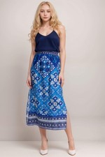 Johnny Was JWLA Blue Linen High Slit Midi Ski...