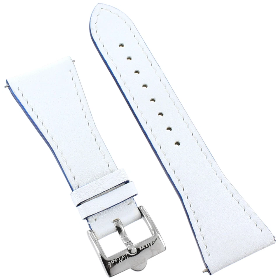 Correa de reloj de cuero genuino hecha a mano 26 mm Glam Rock blanca con detalles azules pasadores EZ Foto 3 de 4
