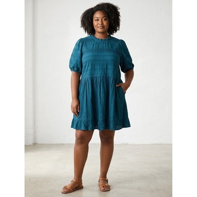 Universal Thread Teal Cotton Babydoll Dress Embroidered Textured Ruffle Neck