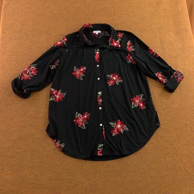 Rose & Beverly Womens L Black Red Floral Embroidered Sequin Button Down Shirt