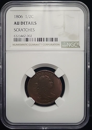 1806 Draped Bust Half Cent 1/2c NGC AU Dets Scratches  Small 6 No Stems Stemless