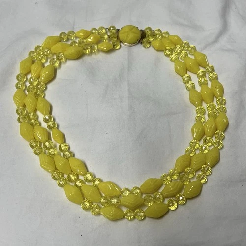 Vintage Beaded Necklace Costume Jewelry Lemon Yellow multi-strand West Germany