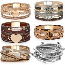 6 Pcs Boho PU Leather Wrap Bracelets for Women Stack Multi Layer Bohemian Cuf...