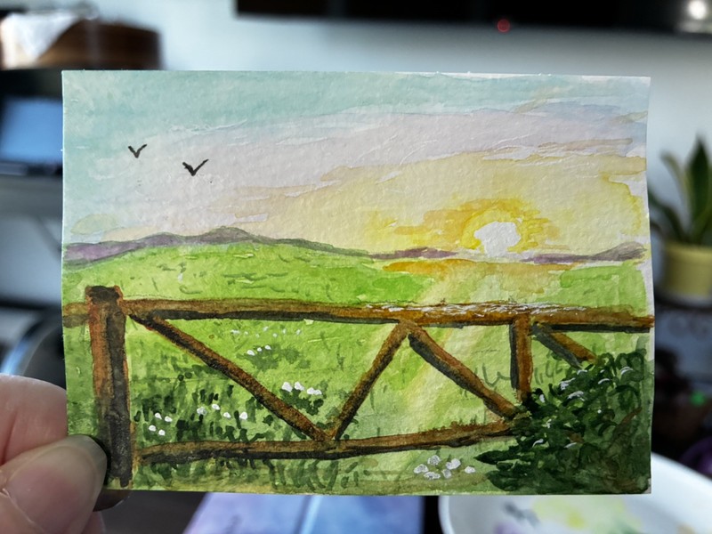 ACEO. Sunset over a field. Watercolor tiny art. Kelly.Ospina.