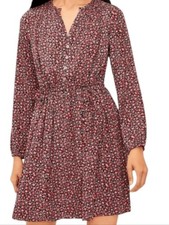 Loft Red Floral Print Cottage Core Tie Waist Dress