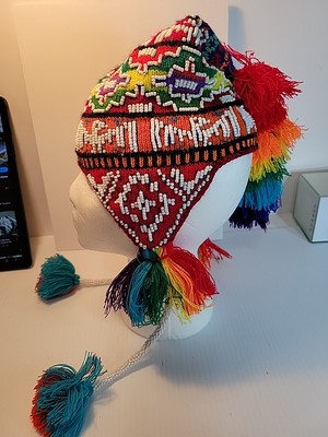 Peruvian Unisex Chullo Colorful Beaded Hat  Rainbow Oddity Folkart Handmade Knit