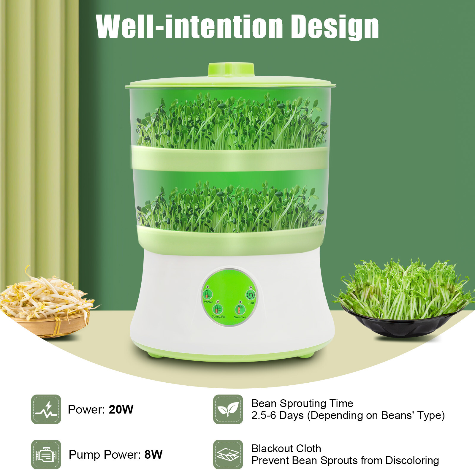 Seed Sprouter Machine Indoor Automatic Bean Sprout Maker Food Grade 110V Home