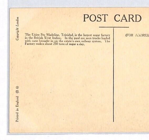 Postal TRINIDAD & TOBAGO *FÁBRICA DE AZÚCAR DE CAÑA* PPC sin usar{cubiertas samwells}PJ120 Foto 4 de 4