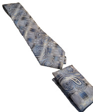 Fortino Landi Blue Paisley Design Neck Tie Handkerchief Matching Neck Tie Set
