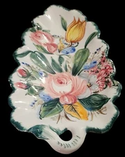 Vintage Italy Ceramic Hand-painted Floral LEAF Serving Dish 13.5" X 7.25"