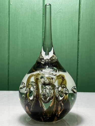 LARGE MURANO STYLE BROWN & COPPER WISPS & BUBBLES TEARDROP ART GLASS PAPERWEIGHT - Picture 2 of 11
