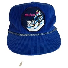 Vintage Corduroy Slalom Skiing Hat Patch Blue SnapBack Rope Trucker Style Snow