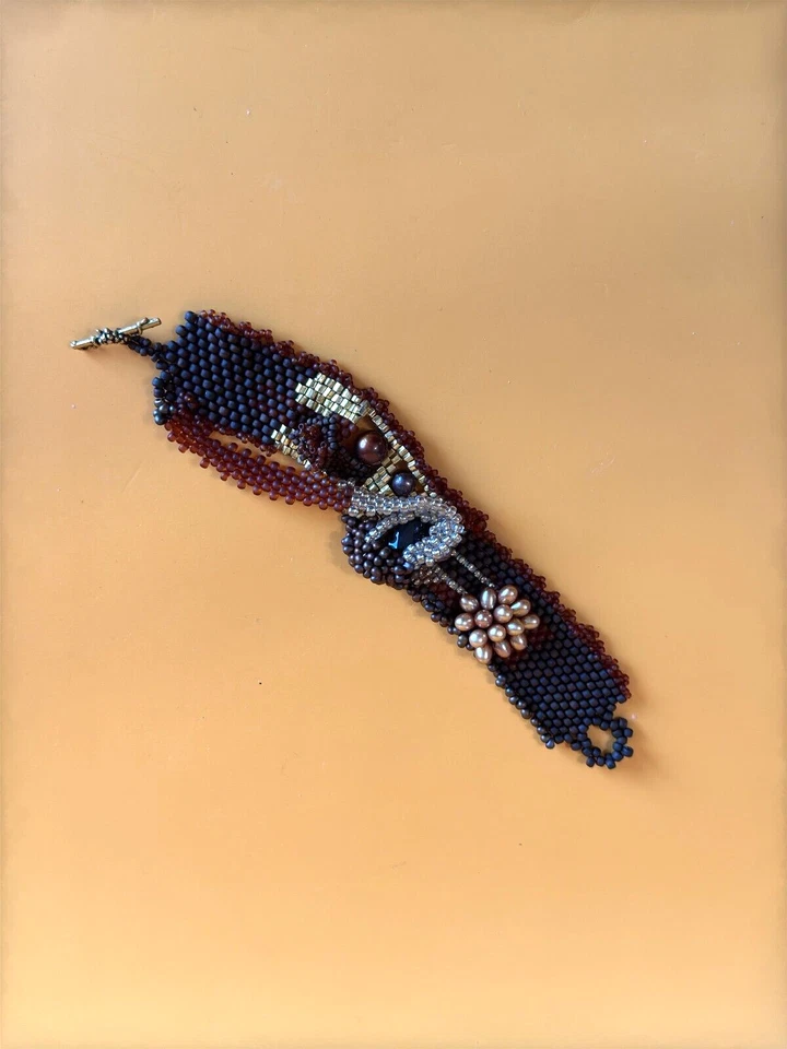 Artisan Peyote Stitch Bracelet Faceted Onyx Stone Center Glass Quartz Pearl Bead - Image 3 of 4