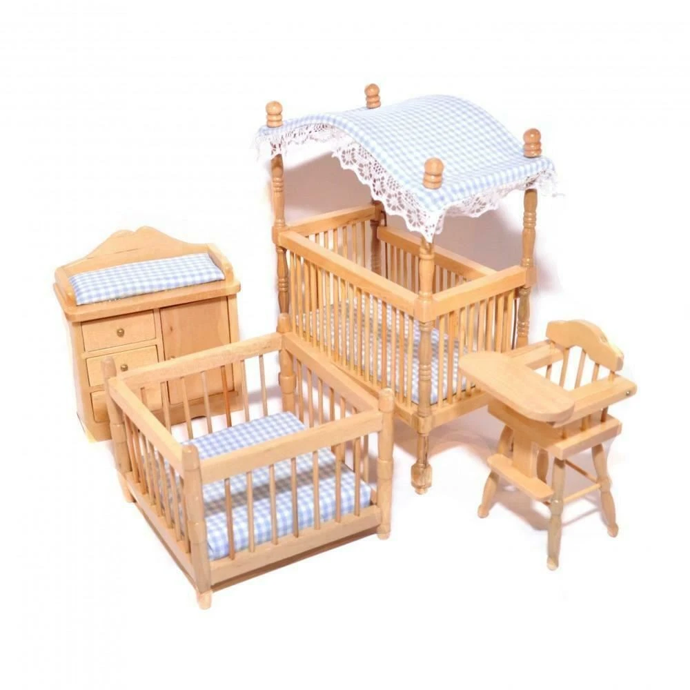Dolls House Nursery Furniture Set Light Oak Blue Gingham Miniature