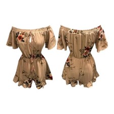 Women's Sand Beige Floral Print Off Shoulder Front Bow Detail Playsuit