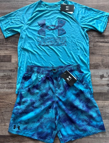 NWT Under Armour Boys YXL Aqua Turquoise/Purple Splotch Print Shorts Set XL