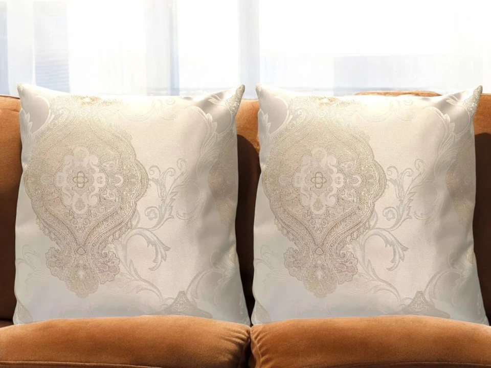 SET OF 4 CUSHION COVERS Cream Golden Thread Jacquard Damask 18x18" - Image 3 of 4